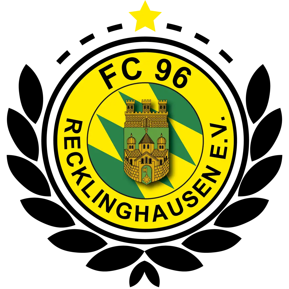 Logo des FC 96 Recklinghausen mit gelb-grünem Vereinswappen, Stadtwappen und schwarzem Lorbeerkranz